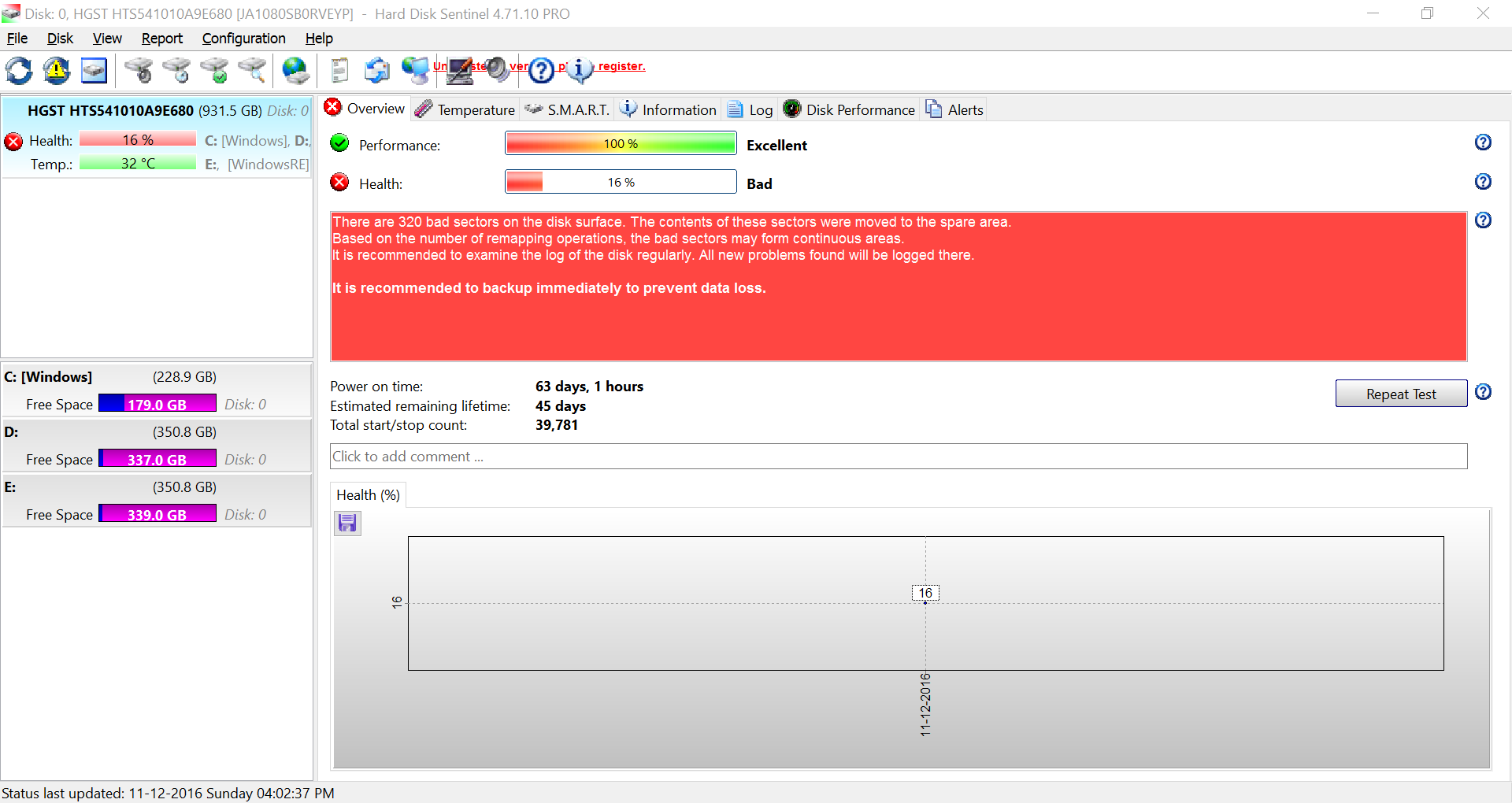 Hard Disk Sentinel overview showing several drives with health, temperature and performance status.