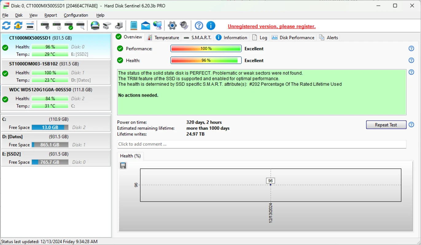 Hard Disk Sentinel overview showing several drives with health, temperature and performance status.