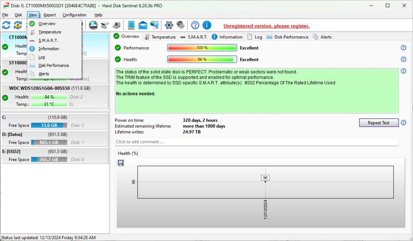 Hard Disk Sentinel overview showing several drives with health, temperature and performance status.