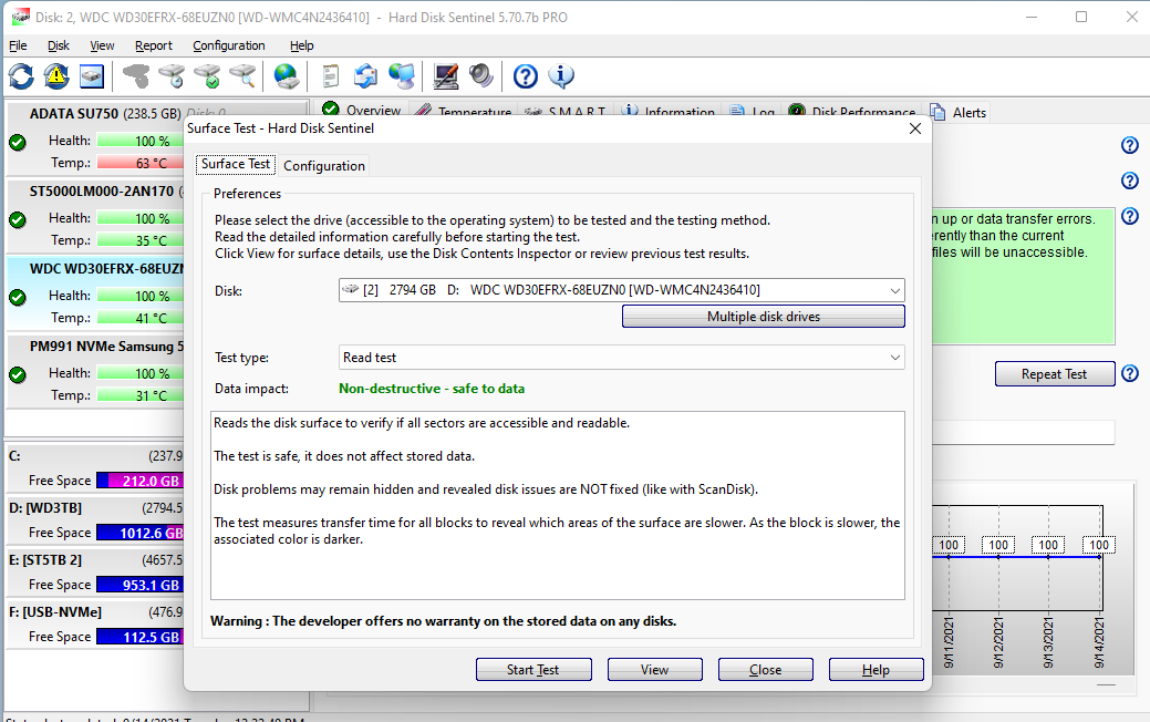 Hard Disk Sentinel overview showing several drives with health, temperature and performance status.